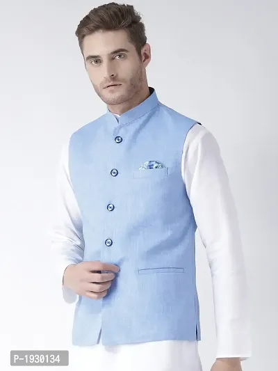 Blue Blended Solid Nehru Jackets-thumb2