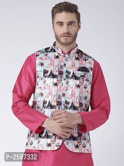 Men Multicoloured Printed Nehru Jacket With Pocket Square-thumb0