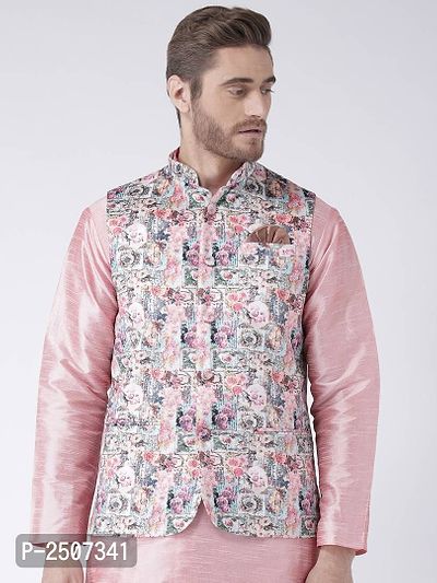 Men Multicoloured Printed Nehru Jacket With Pocket Square-thumb0