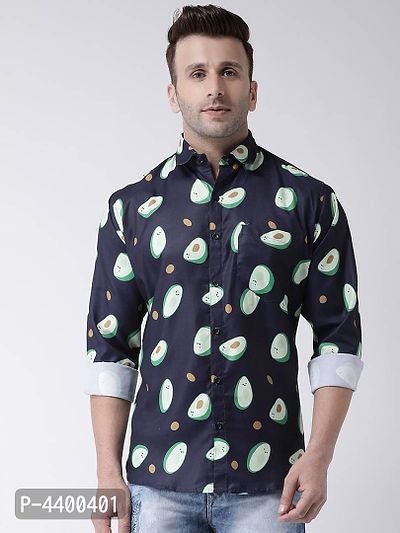 Stylish Navy Blue Printed Cotton Blend Slim Fit Casual Shirt For Men