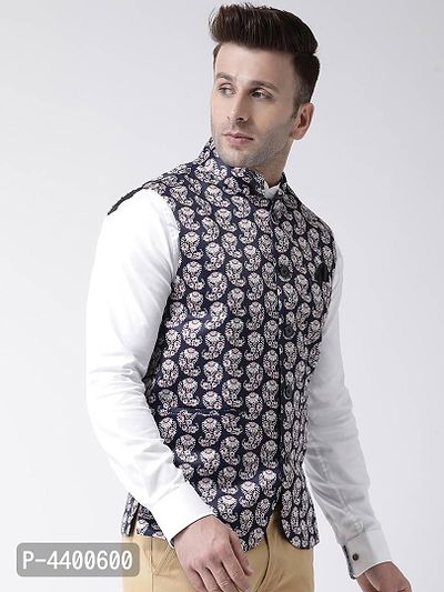 Elite Navy Blue Polyester Viscose Printed Ethnic Waistcoat For Men-thumb3