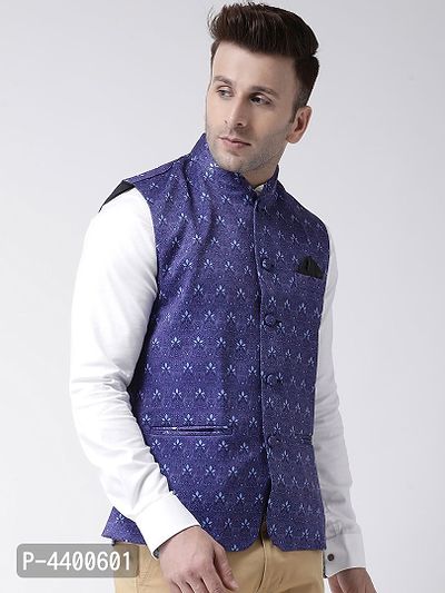 Elite Blue Polyester Viscose Printed Ethnic Waistcoat For Men-thumb3