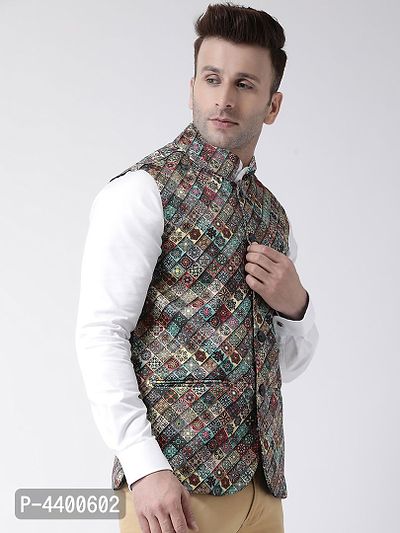 Elite Multicoloured Polyester Viscose Printed Ethnic Waistcoat For Men-thumb3