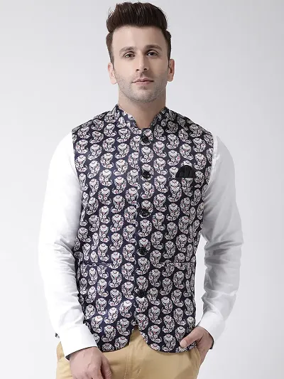 Polyester Blend Printed Ethnic Waistcoat For Men