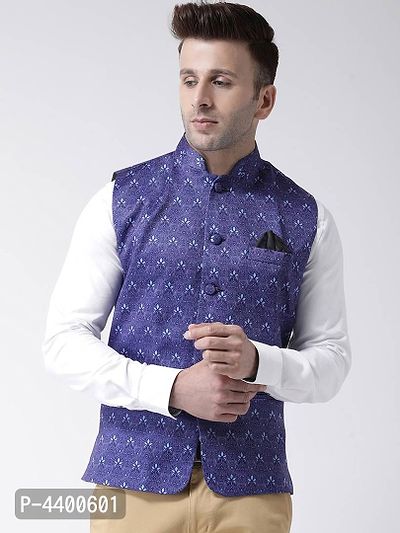 Elite Blue Polyester Viscose Printed Ethnic Waistcoat For Men-thumb0