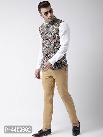 Elite Multicoloured Polyester Viscose Printed Ethnic Waistcoat For Men-thumb4