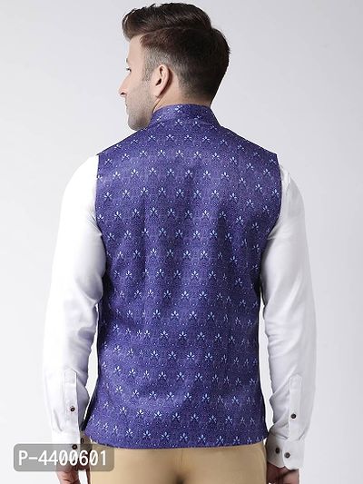 Elite Blue Polyester Viscose Printed Ethnic Waistcoat For Men-thumb5