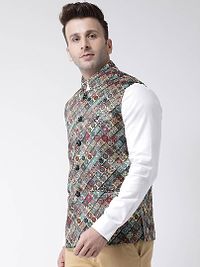 Elite Multicoloured Polyester Viscose Printed Ethnic Waistcoat For Men-thumb1