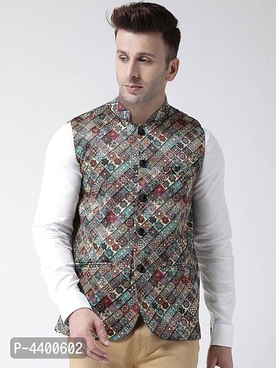 Elite Multicoloured Polyester Viscose Printed Ethnic Waistcoat For Men