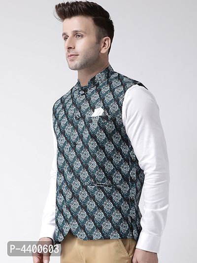 Elite Black Polyester Viscose Printed Ethnic Waistcoat For Men-thumb2