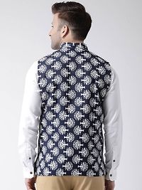 Elite Navy Blue Polyester Viscose Printed Ethnic Waistcoat For Men-thumb4