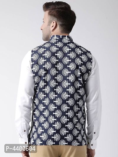 Elite Navy Blue Polyester Viscose Printed Ethnic Waistcoat For Men-thumb5