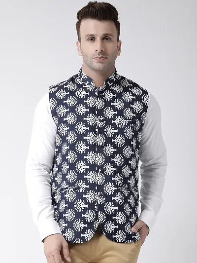 Polyester Blend Printed Ethnic Waistcoat For Men