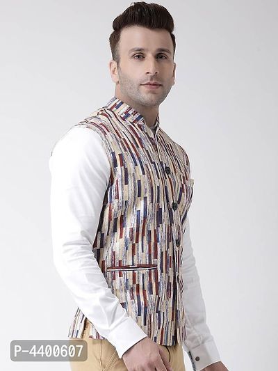 Elite Beige Polyester Viscose Printed Ethnic Waistcoat For Men-thumb3