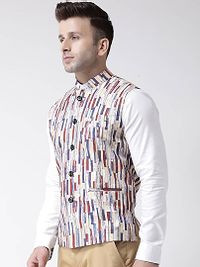 Elite Beige Polyester Viscose Printed Ethnic Waistcoat For Men-thumb1