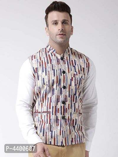 Elite Beige Polyester Viscose Printed Ethnic Waistcoat For Men