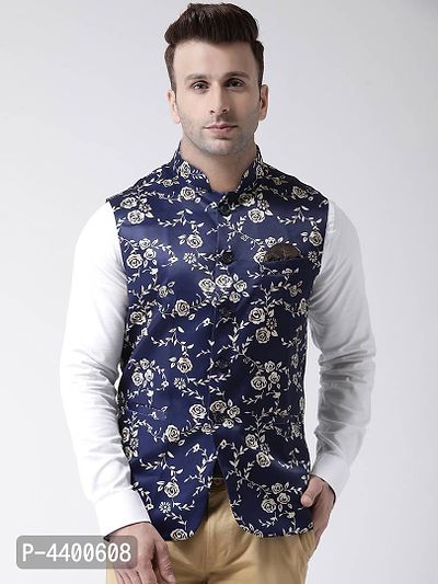 Elite Navy Blue Polyester Viscose Printed Ethnic Waistcoat For Men