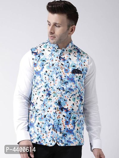 Elite Blue Polyester Viscose Printed Ethnic Waistcoat For Men