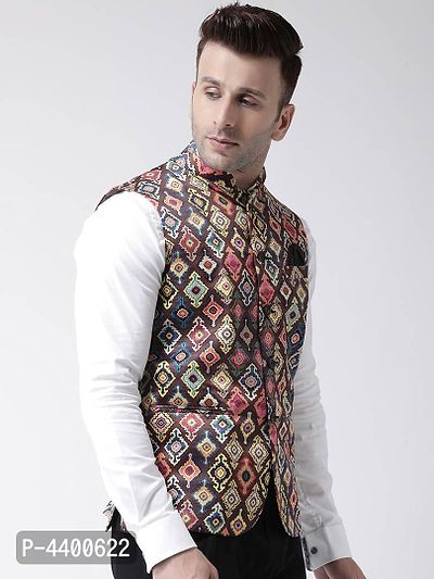 Elite Brown Polyester Viscose Printed Ethnic Waistcoat For Men-thumb3