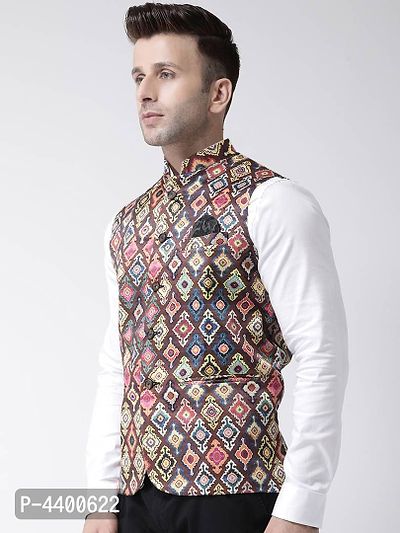 Elite Brown Polyester Viscose Printed Ethnic Waistcoat For Men-thumb2