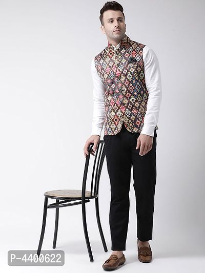 Elite Brown Polyester Viscose Printed Ethnic Waistcoat For Men-thumb4