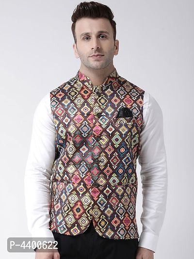 Elite Brown Polyester Viscose Printed Ethnic Waistcoat For Men-thumb0