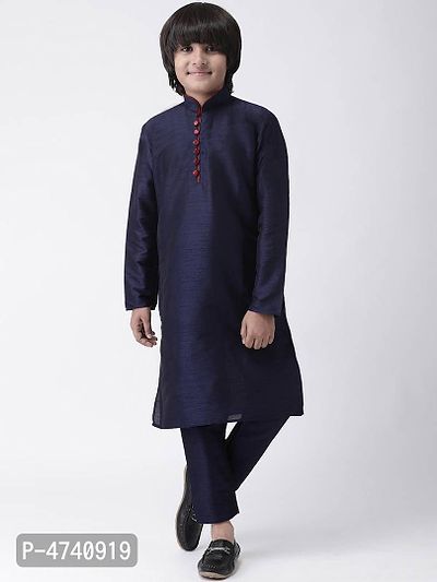 Stylish Silk Navy Blue Solid Kurta With Pyjama Set For Boys