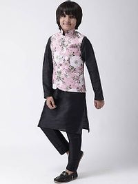 Stylish Viscose Black Solid Full Sleeves Kurta With Pyjama With Printed Jacket Set For Boys-thumb1