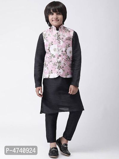 Stylish Viscose Black Solid Full Sleeves Kurta With Pyjama With Printed Jacket Set For Boys-thumb0