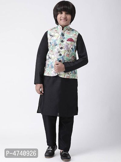 Stylish Viscose Black Solid Full Sleeves Kurta With Pyjama With Printed Jacket Set For Boys-thumb0