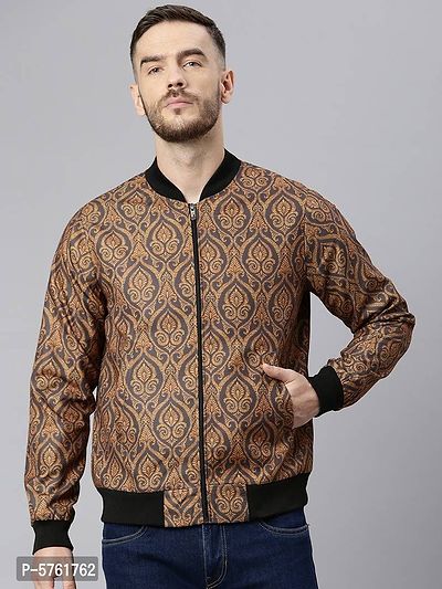 Stylish Polyester Viscose Brown Printed Long Sleeves Jacket For Men