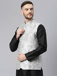 Elite Grey Polyester Viscose Embroidered Nehru Jackets For Men-thumb2