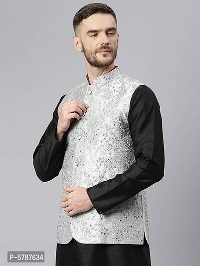 Elite Grey Polyester Viscose Embroidered Nehru Jackets For Men-thumb3