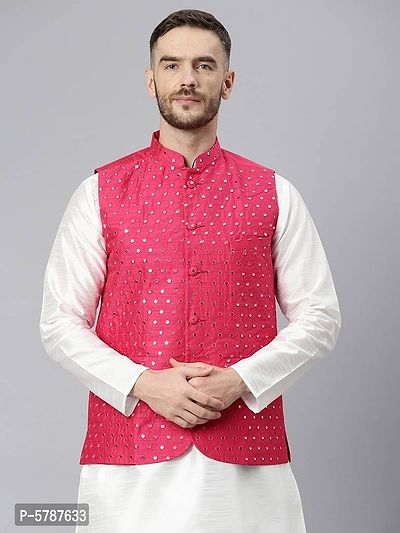 Elite Pink Polyester Viscose Embroidered Nehru Jackets For Men-thumb0