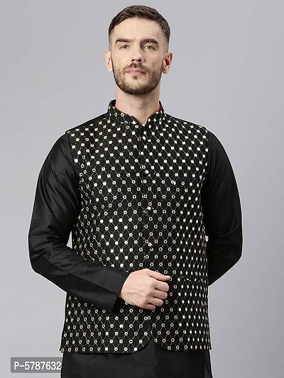 Elite Black Polyester Viscose Embroidered Nehru Jackets For Men
