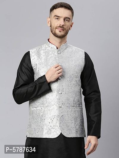 Elite Grey Polyester Viscose Embroidered Nehru Jackets For Men