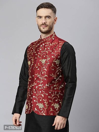 Elite Maroon Polyester Viscose Embroidered Nehru Jackets For Men-thumb3