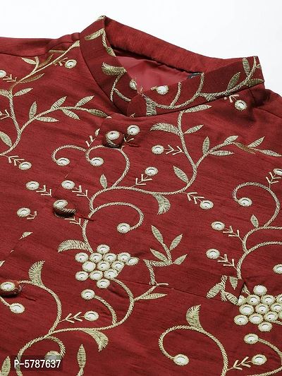 Elite Maroon Polyester Viscose Embroidered Nehru Jackets For Men-thumb2