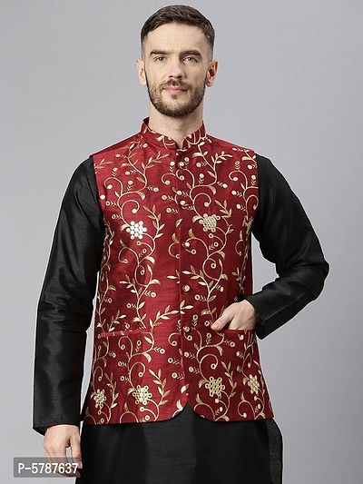 Elite Maroon Polyester Viscose Embroidered Nehru Jackets For Men