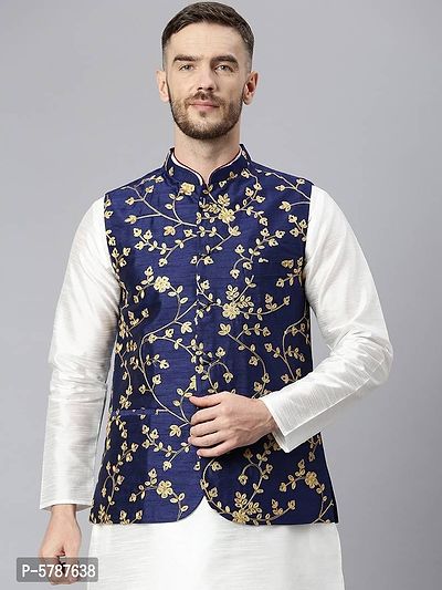 Elite Navy Blue Polyester Viscose Embroidered Nehru Jackets For Men