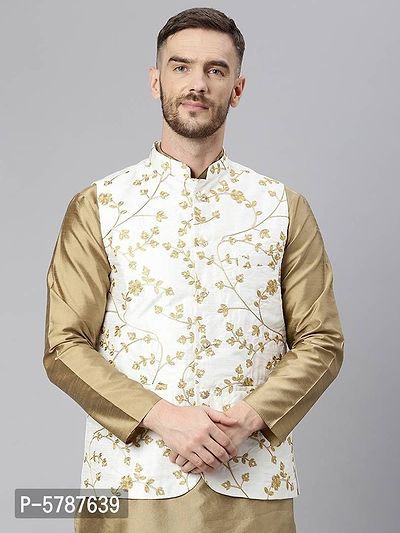 Elite White Polyester Viscose Embroidered Nehru Jackets For Men