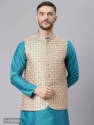 Elite Pink Polyester Viscose Embroidered Nehru Jackets For Men-thumb0