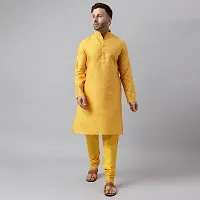 Hangup Men Partywear Jacquard Yellow Kurta Pyjama Set-thumb1