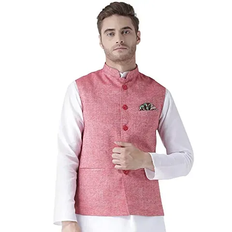 Priambh Linen_Basket_Red_38P Men's Hangup Nehru Jacket (Size 38)