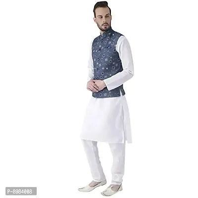 Priambh Men's Cotton Silk Blend Plain Kurta Pajama Set with Waistcoat (White, 42)-thumb2