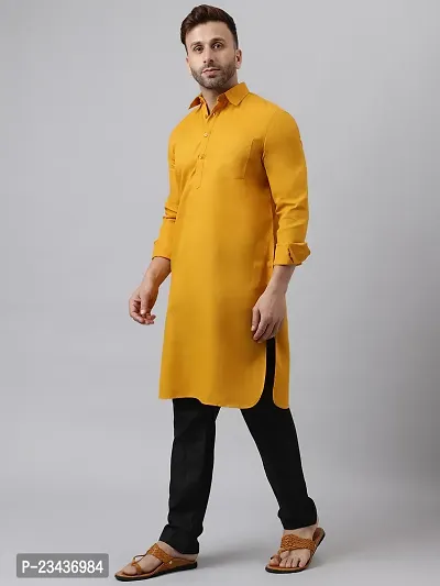 Hangup Men Casualwear Solid Mustard Pathani Kurta with Salwar Set-thumb3