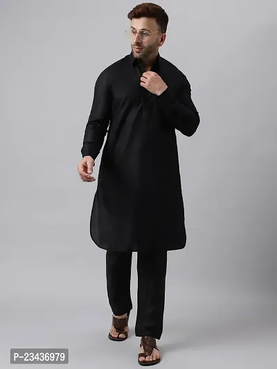 Hangup Men Casualwear Solid Black Pathani Kurta with Salwar Set-thumb2