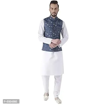 Priambh Men's Cotton Silk Blend Plain Kurta Pajama Set with Waistcoat (White, 42)-thumb0