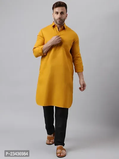 Hangup Men Casualwear Solid Mustard Pathani Kurta with Salwar Set