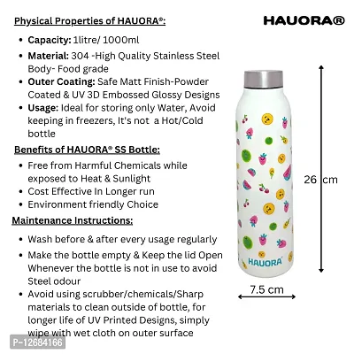 HAUORA? Stainless Steel Water Bottle,3D Embossed UV Printed,Matt Finish| Single Walled| Designer Theme| Suitable for both Indoor  Outdoor, Leakproof,1000ml (Fruits Multicolor (W), 1)-thumb5